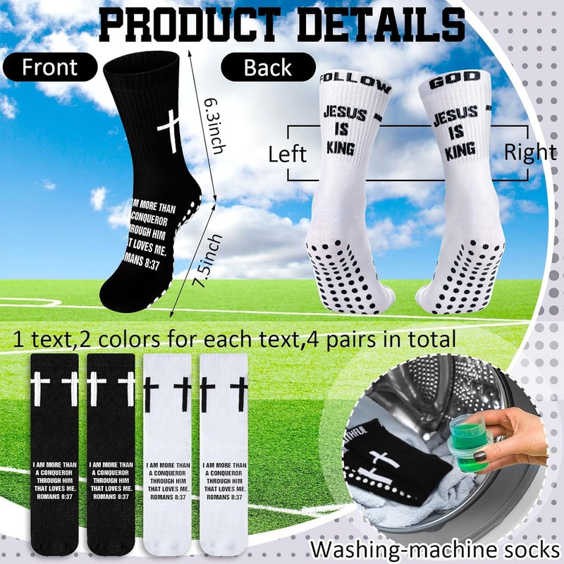 Jamntower 4 Pairs Cross Grip Soccer Socks with Bible Verse Anti Slip Religious Jesus Christian Football Sock with Rubber Dots - Image 2